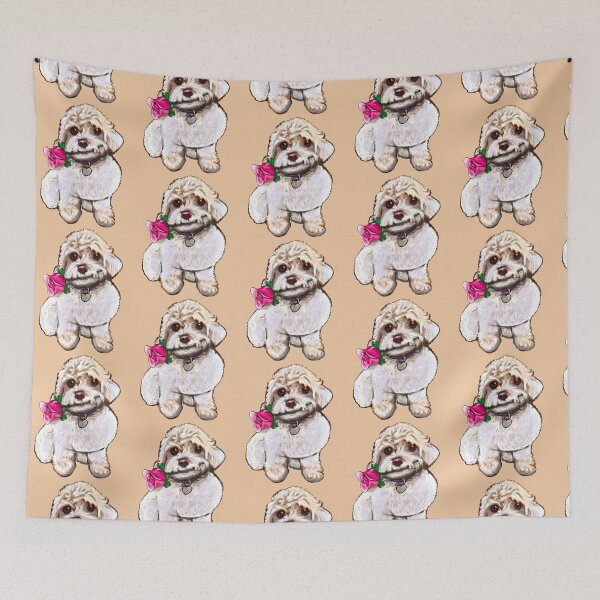 Item preview, white Cavapoo cavoodle with red rose - puppy dog  - cavalier king charles spaniel poodle, dog Valentine’s day designed and sold by Artonmytee.