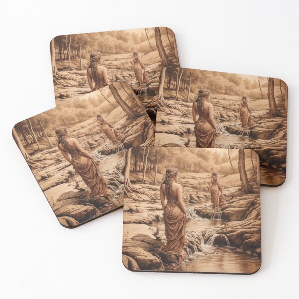 Item preview, 001 Pyrography Wood-burned, Beautiful Women Bathing in a Stream designed and sold by Alexis Art Collection.