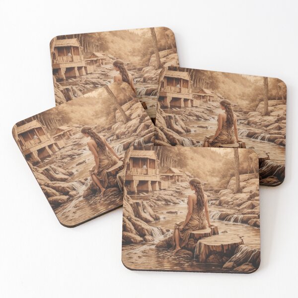 Item preview, 002 Pyrography Wood-burned, Beautiful Women Bathing in a Stream designed and sold by Alexis Art Collection.
