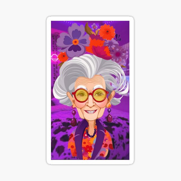 Item preview, portrait of a smiling senior woman, caricature style, white hair and red sunglasses, red and purple flowery background designed and sold by Creativesphotos.