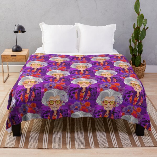 Item preview, portrait of a smiling senior woman, caricature style, white hair and red sunglasses, red and purple flowery background designed and sold by Creativesphotos.