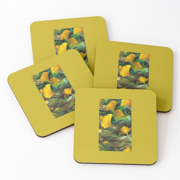 Item preview, golden ginkgo biloba leaves dancing in the wind, dark green background with linear effects and fluo cloudsCopy of Blue poppy flowers and red poppies metallic and undulating relief style designed and sold by Creativesphotos.