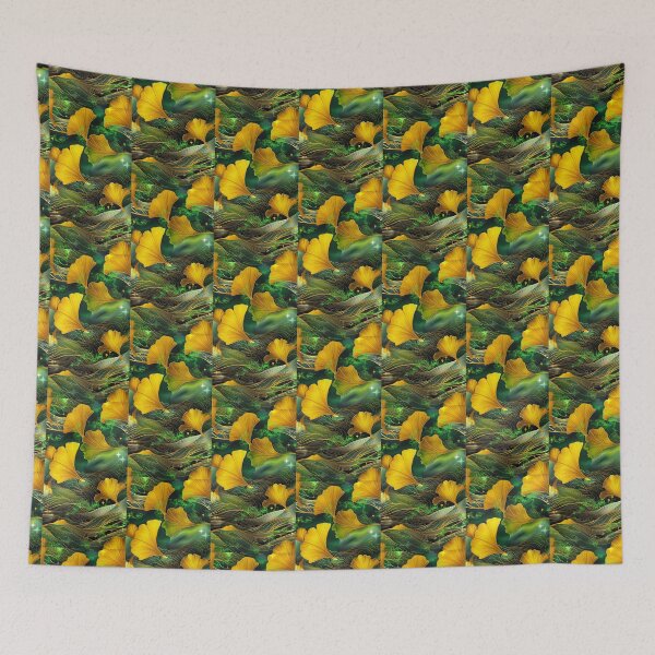 Item preview, golden ginkgo biloba leaves dancing in the wind, dark green background with linear effects and fluo cloudsCopy of Blue poppy flowers and red poppies metallic and undulating relief style designed and sold by Creativesphotos.