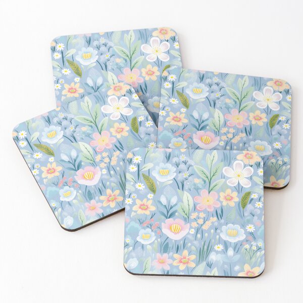 Aperçu de l'œuvre Motif de fleurs colorées sur fond bleu créée et vendue par DancingBuddha.