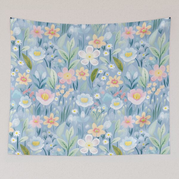 Aperçu de l'œuvre Motif de fleurs colorées sur fond bleu créée et vendue par DancingBuddha.