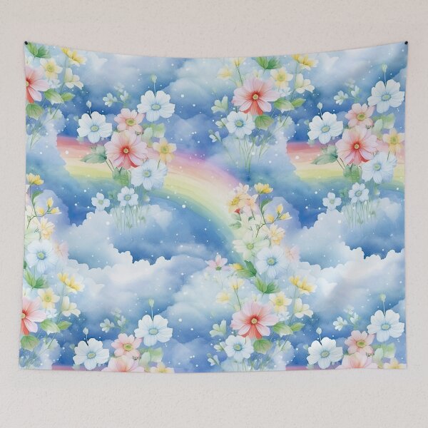 Artikelvorschau, Pastell-Aquarell-Regenbogen mit Wolken und Blumen entworfen und verkauft von DancingBuddha.
