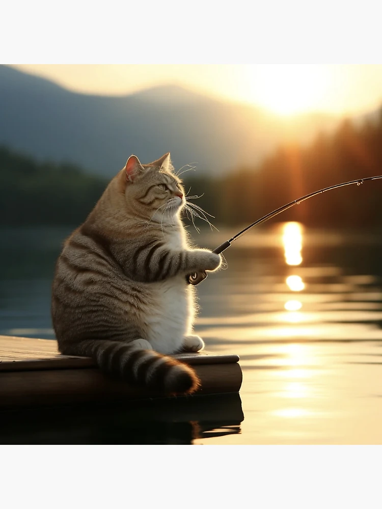 Premium Photo  Fat grey cat in a hat fishing with a rod Cute