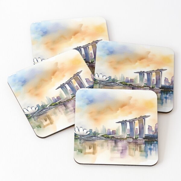 Artikelvorschau, Singapur, Marina Bay, Aquarellmalerei, Stadtlandschaft, Singapur-Kunst, Singapur-Marina-Bay-Souvenir entworfen und verkauft von SpettacolArte.