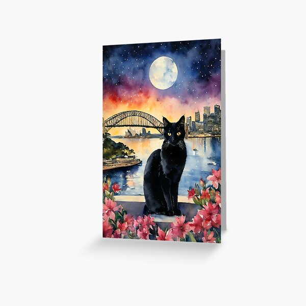Item preview, Black Cat in Sydney, Australia - Visiting The Opera House and Harbour Bridge on a Full Moon designed and sold by Arwen-Art.