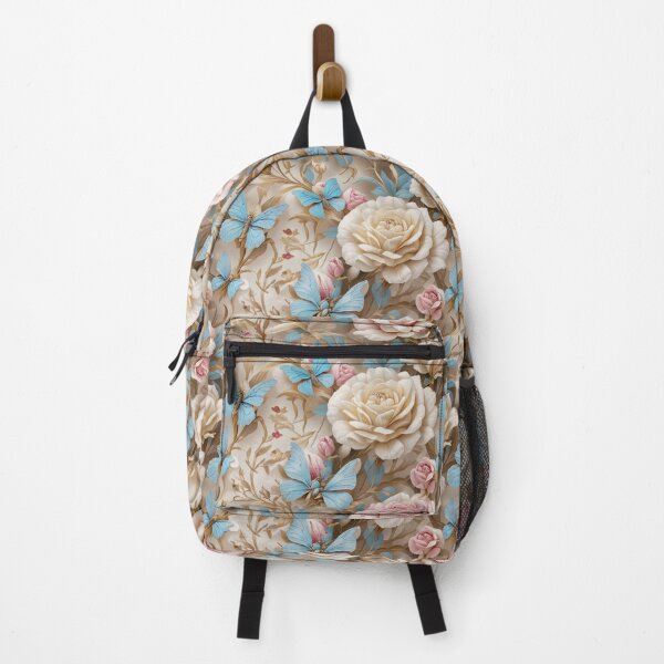Item preview, elegant cream and pink roses and light blue butterflies pattern designed and sold by pongthep-ks.