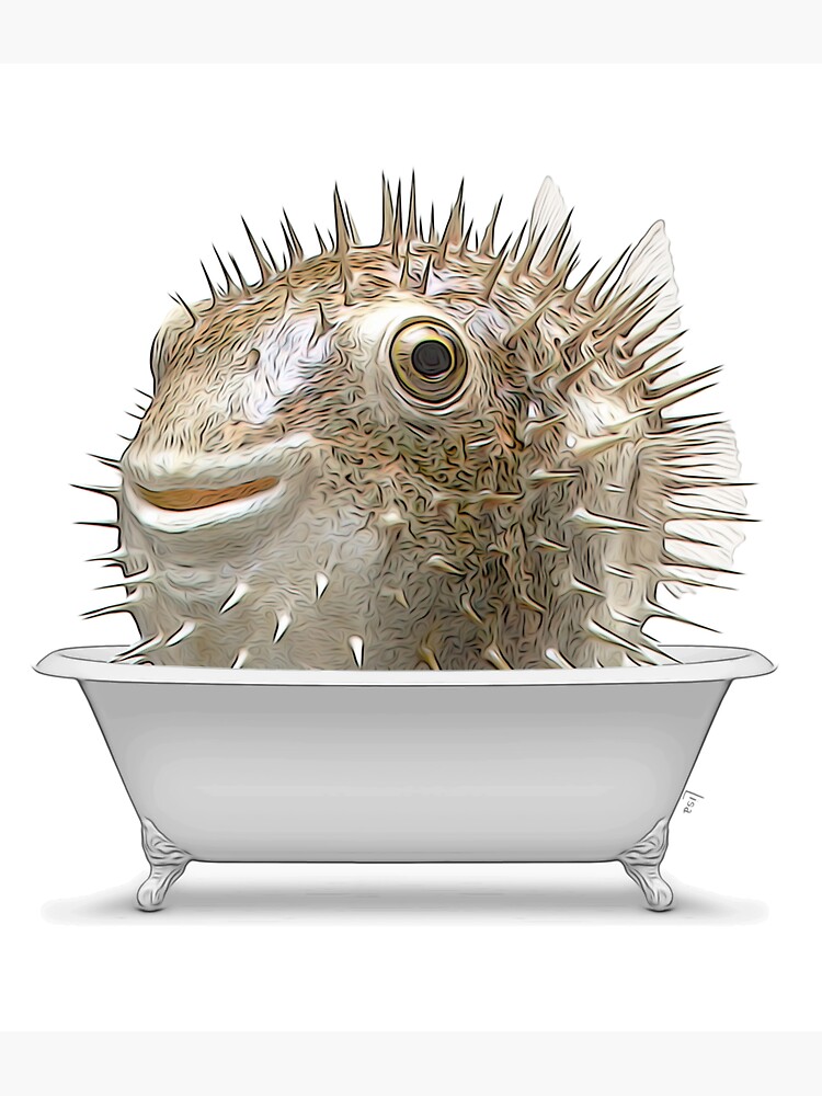 puffer fish bathing in a vintage bathtub, bathroom wall art, bathroom decor,  nursery decor Sticker for Sale by printablelisa