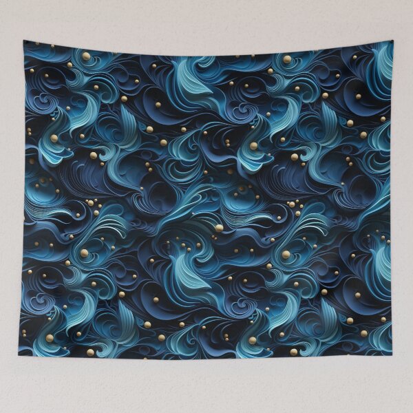Item preview, Dark Whimsical Blue & Gold 3D Waves designed and sold by YYWDesigns.