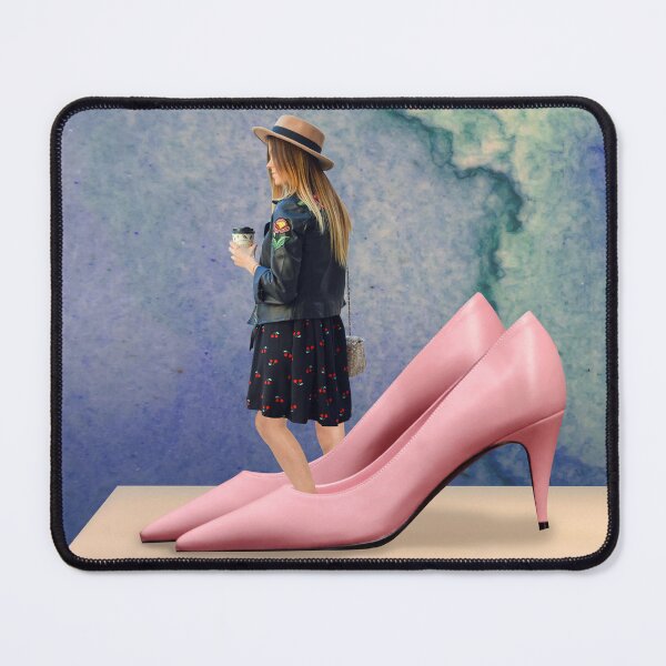 Item preview, Surreal Collage Art Print: Big Shoes To Fill - Whimsical Pink Heels and Coffee Morning Commute designed and sold by GollyWillikers.