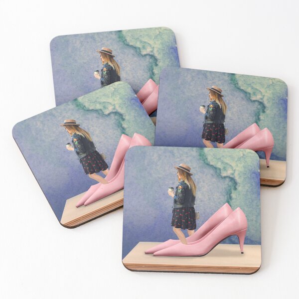 Item preview, Surreal Collage Art Print: Big Shoes To Fill - Whimsical Pink Heels and Coffee Morning Commute designed and sold by GollyWillikers.