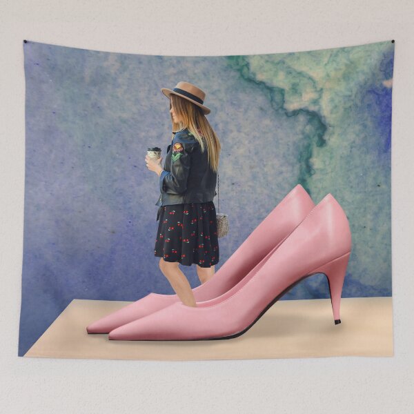 Item preview, Surreal Collage Art Print: Big Shoes To Fill - Whimsical Pink Heels and Coffee Morning Commute designed and sold by GollyWillikers.