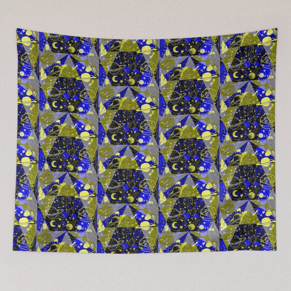Item preview, cosmic fantasy, geometric shapes and optical effects, bright colors, blue and yellow designed and sold by Creativesphotos.