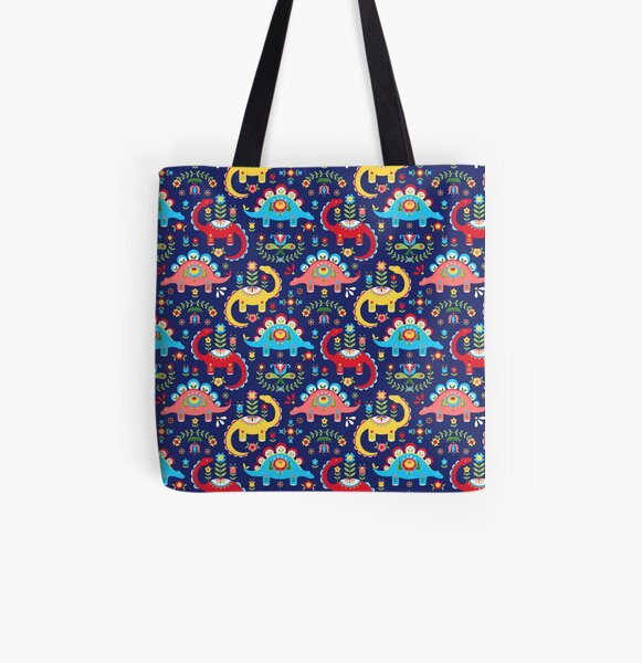 Folk Art Dinos All Over Print Tote Bag
