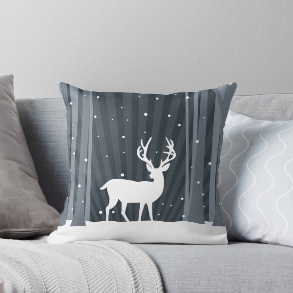 Snow Deer In the Woods Throw Pillow