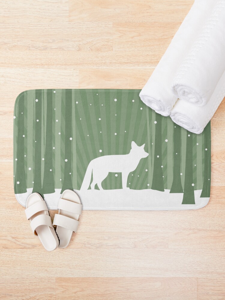Thumbnail 1 of 6, Bath Mat, Snow Fox In the Winter Woods designed and sold by hidden-design.