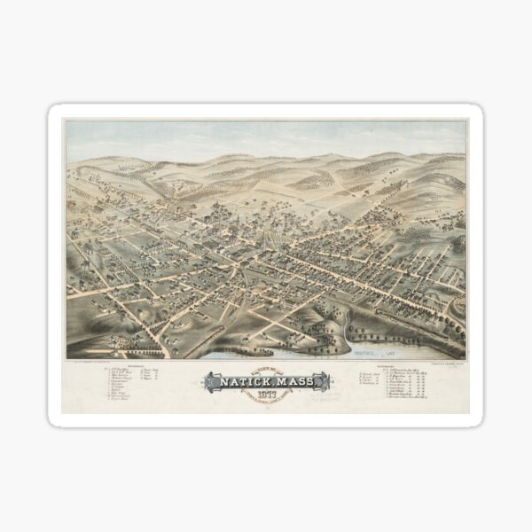 Vintage Pictorial Map of Natick MA (1877) Sticker