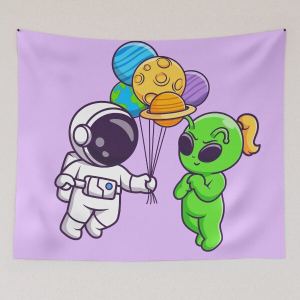 Item preview, Cute Astronaut Giving Planet Balloon to Alien - Cartoon Vector Icon designed and sold by hjian8219.