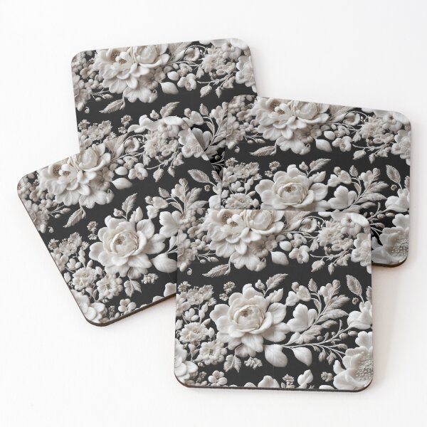 Item preview, Intricate filigree lacework of white flowers on black backdrop designed and sold by UmagineArts.