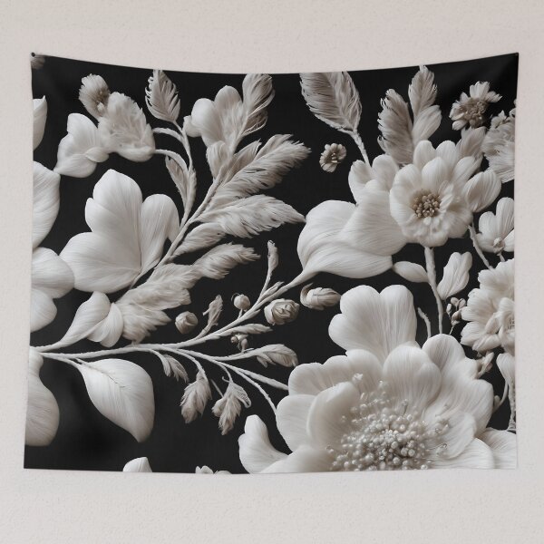 Item preview, Intricate filigree lacework of white flowers on black backdrop designed and sold by UmagineArts.