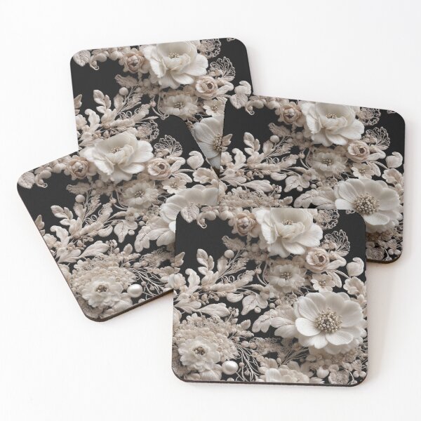 Item preview, Intricate filigree lacework of white flowers on black backdrop -2 designed and sold by UmagineArts.