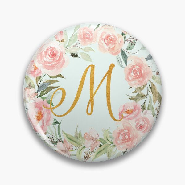 Item preview, M letter Monogram Pastel Pink Flower Wreath Gold designed and sold by Nature Hues.