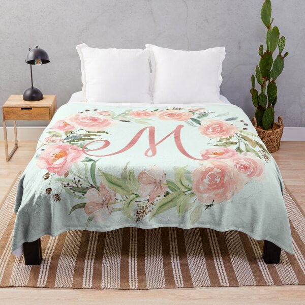 Item preview, M letter Monogram Pastel Pink Flower Wreath Rose Gold designed and sold by Nature Hues.