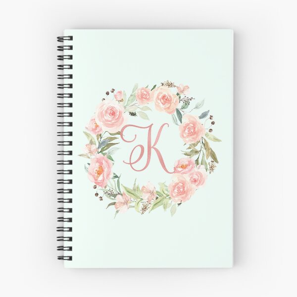 Item preview, K letter Monogram Pastel Pink Flower Wreath Rose Gold designed and sold by Nature Hues.
