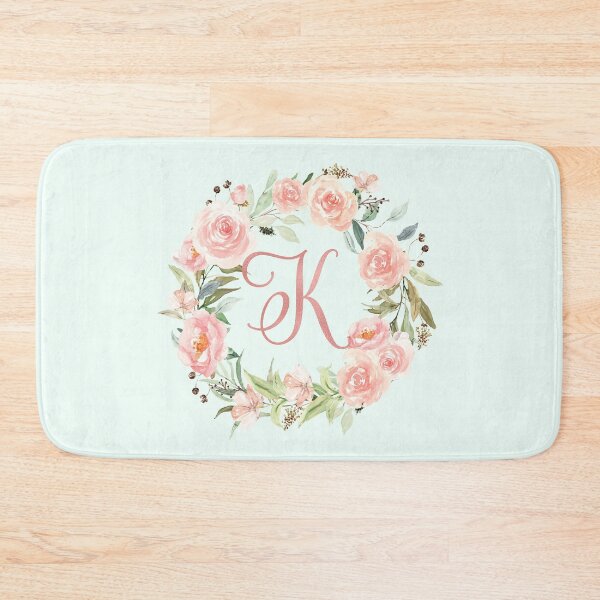 Item preview, K letter Monogram Pastel Pink Flower Wreath Rose Gold designed and sold by Nature Hues.
