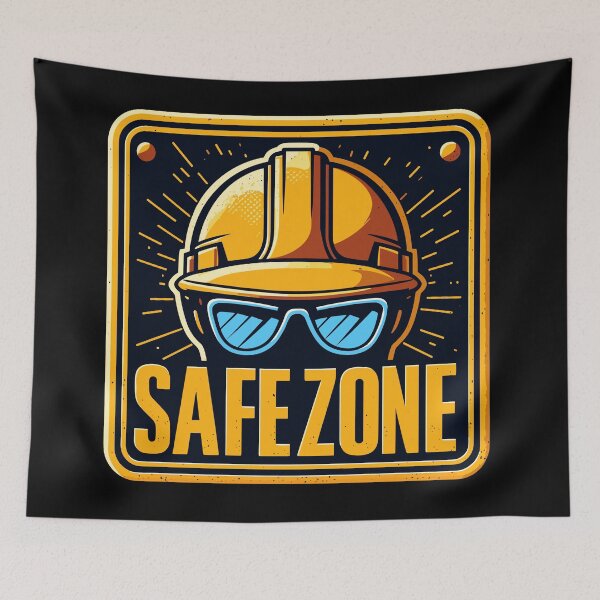 Item preview, Safe zone construction helmet and goggles sign designed and sold by TomFrontierArt.