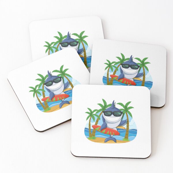 Item preview, shark summer time, cartoon shark with surfboard, cool shark surfing in beach designed and sold by GreyStanzione1.