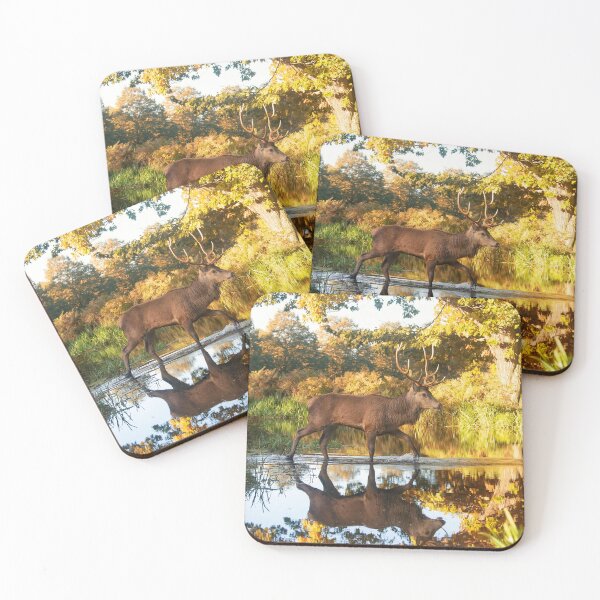 Item preview, Stag in autumn scene walks through shallow stream designed and sold by Junkyardmax.