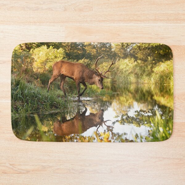 Item preview, Red deer stag crossing mirror lake designed and sold by Junkyardmax.
