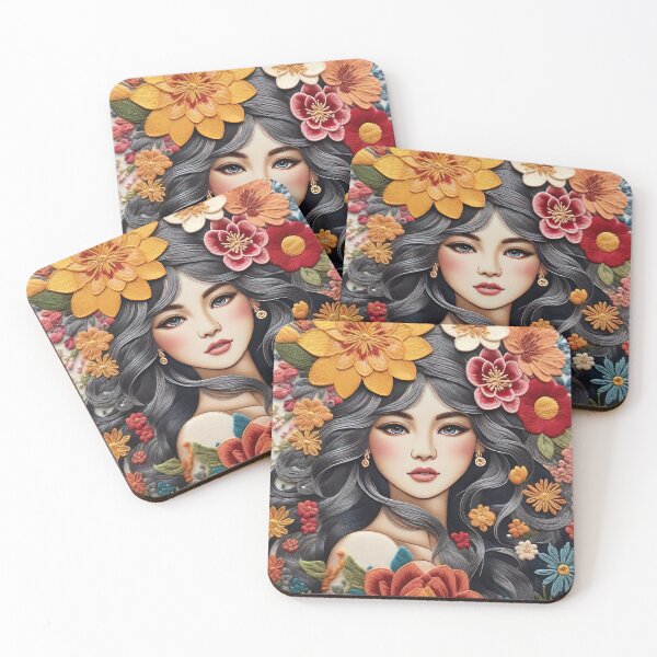 Item preview, Embroidered art with a beautiful young woman and flowers. designed and sold by Natcharee.