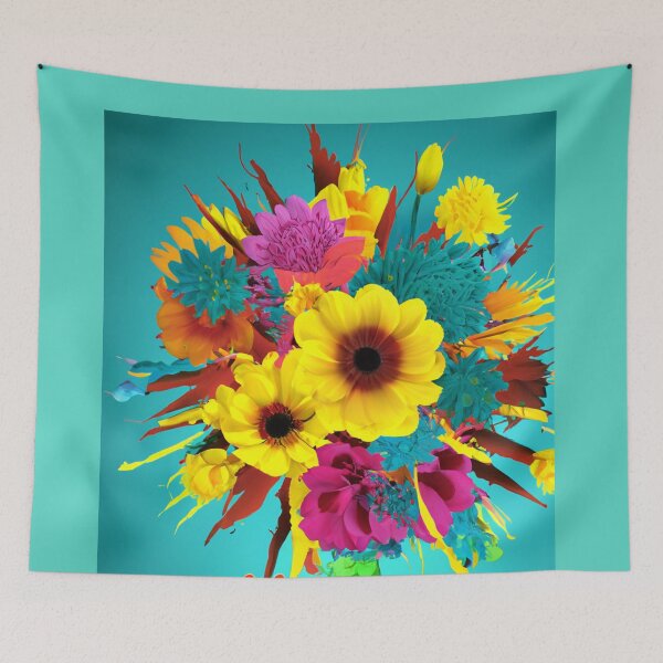 Item preview, Bouquet of colorful flowers on blue background designed and sold by Photopat.