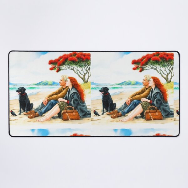 Item preview, Watercolor painting of Red Haired Woman and Blonde Man and Black Labrador on a beach with a Pohutukawa tree designed and sold by CristalleLisa.