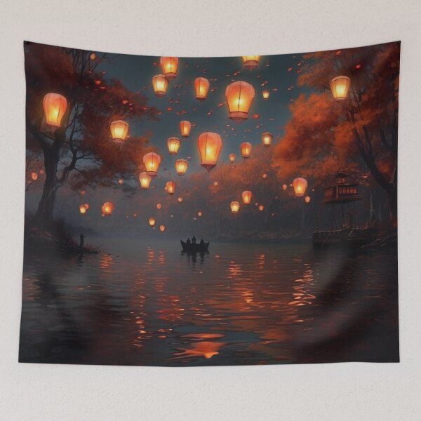 Item preview, Lanterns in and above lake with boats designed and sold by zand-n-zive.