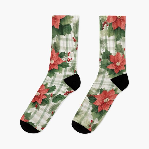 Artikelvorschau, Grünes Weihnachts-Gingham-Muster mit Weihnachtsstern-Blumen und Beeren entworfen und verkauft von AgathaZolastore.