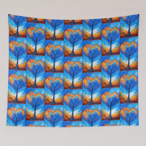 Item preview, Bright blue and orange iridescent tree in the shape of a heart and enhanced with small hearts at the top, orange autumnal decor designed and sold by Creativesphotos.