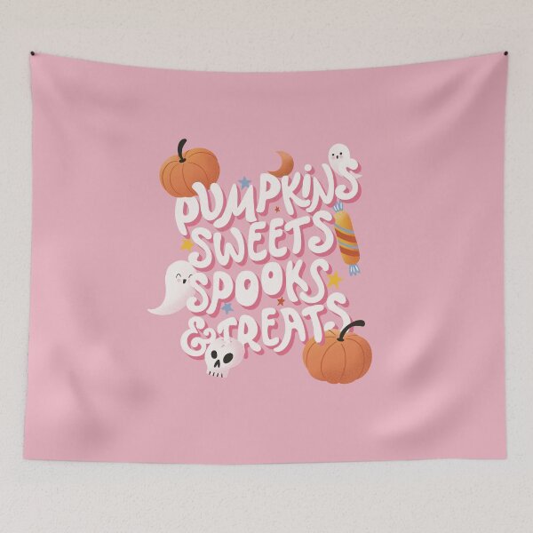 Item preview, Happy Halloween illustration with hand lettering message and cute ghosts and pumpkins designed and sold by BlueLela.