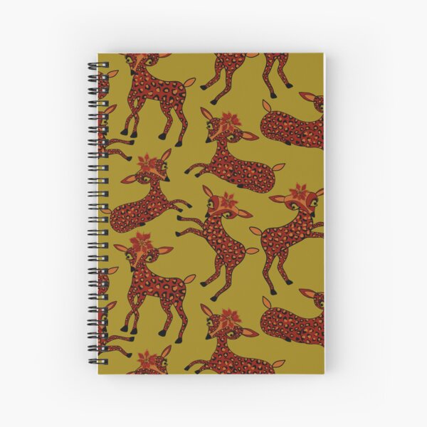 Festive Reindeer with Poinsettia Hats in Red and Green on Light Olive Background Spiral Notebook