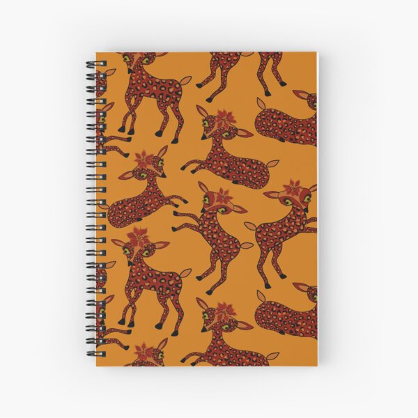 Festive Reindeer with Poinsettia Hats in Red and Green on Light Orange Background Spiral Notebook