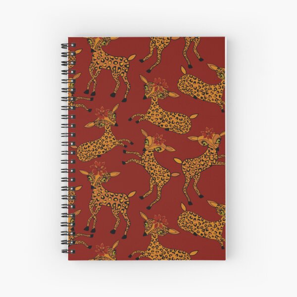 Festive Reindeer with Poinsettia Hats in Orange and Green on Cranberry Background Spiral Notebook