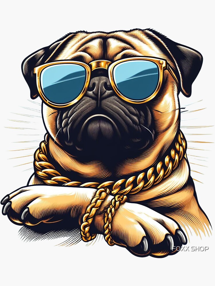 cool pug with gold chain and sunglasses | Sticker