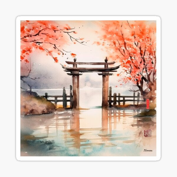Item preview, Japanese, Shinto, Shrine, Gate, Torii, River, Landscape, Rain, Watercolor, zen, haiku designed and sold by KsaveraArt.