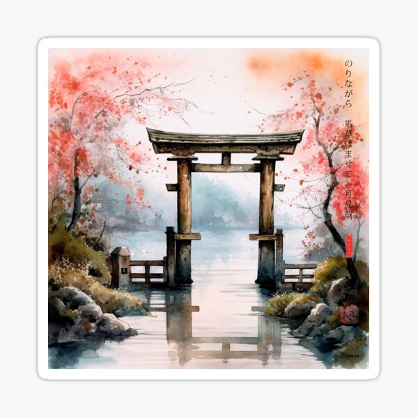 Item preview, Japanese, Shinto, Shrine, Gate, Torii, River, Landscape, Rain, Watercolor, zen, haiku designed and sold by KsaveraArt.