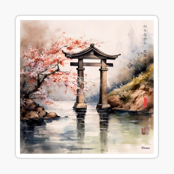 Item preview, Japanese, Shinto, Shrine, Gate, Torii, River, Landscape, Rain, Watercolor, zen, haiku designed and sold by KsaveraArt.